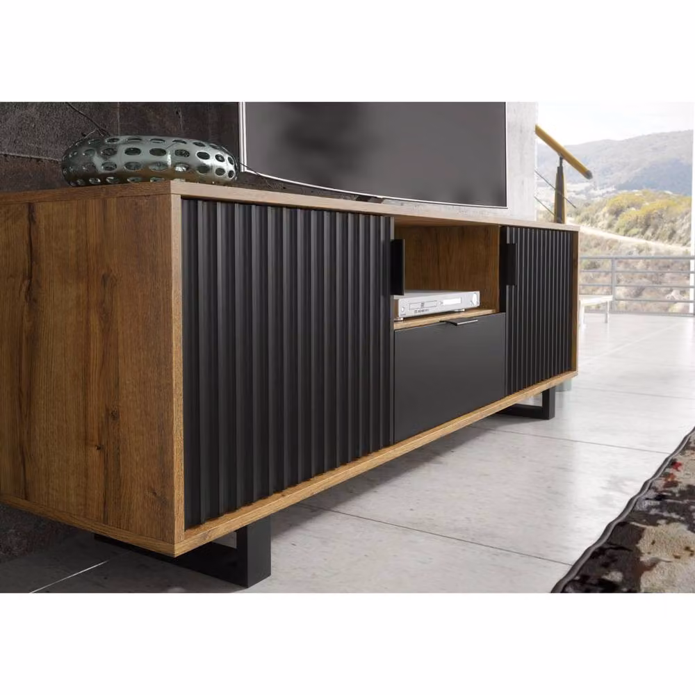 Creative Furniture Blackridge TV Unit in Dark Oak and Brown with Black Fluted Doors, W: 160 cm, H: 55 cm, D: 35 cm – 3