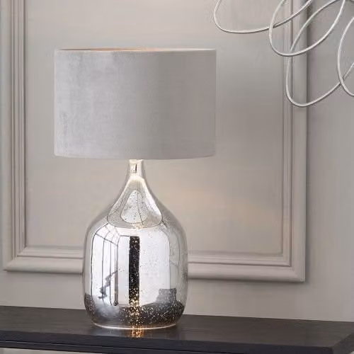 Ruma Gold Foxed Glass Dual Light Table Lamp with Black Fabric Shade in Metallic Silver