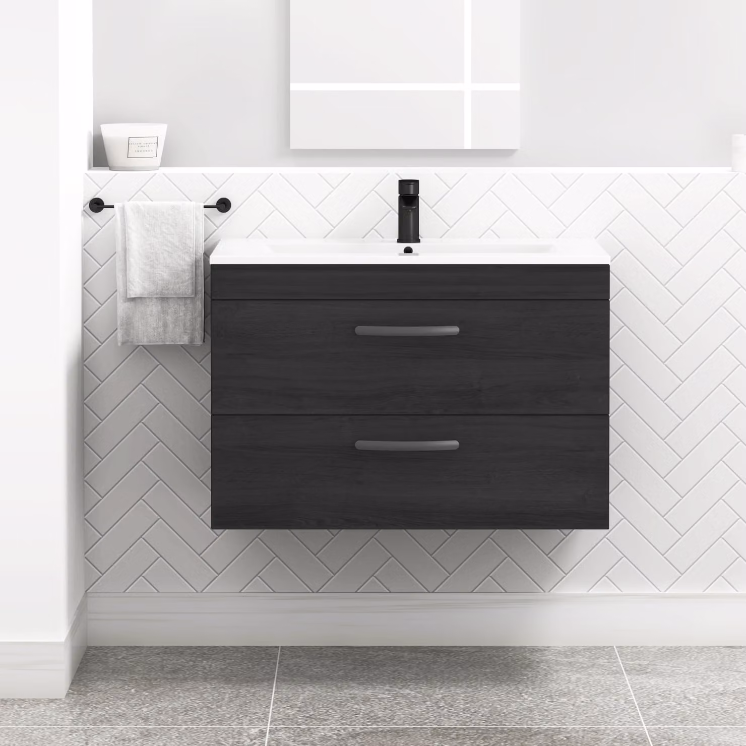 Royal Bathrooms Turin 800mm Wall Hung Vanity Unit in Hale Black with 2 Drawers and Matt Black Handles