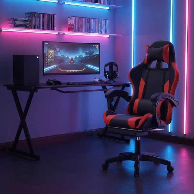 Home Source Neuro Adjustable Gaming Chair with Pull-out Legrest in Black and Red