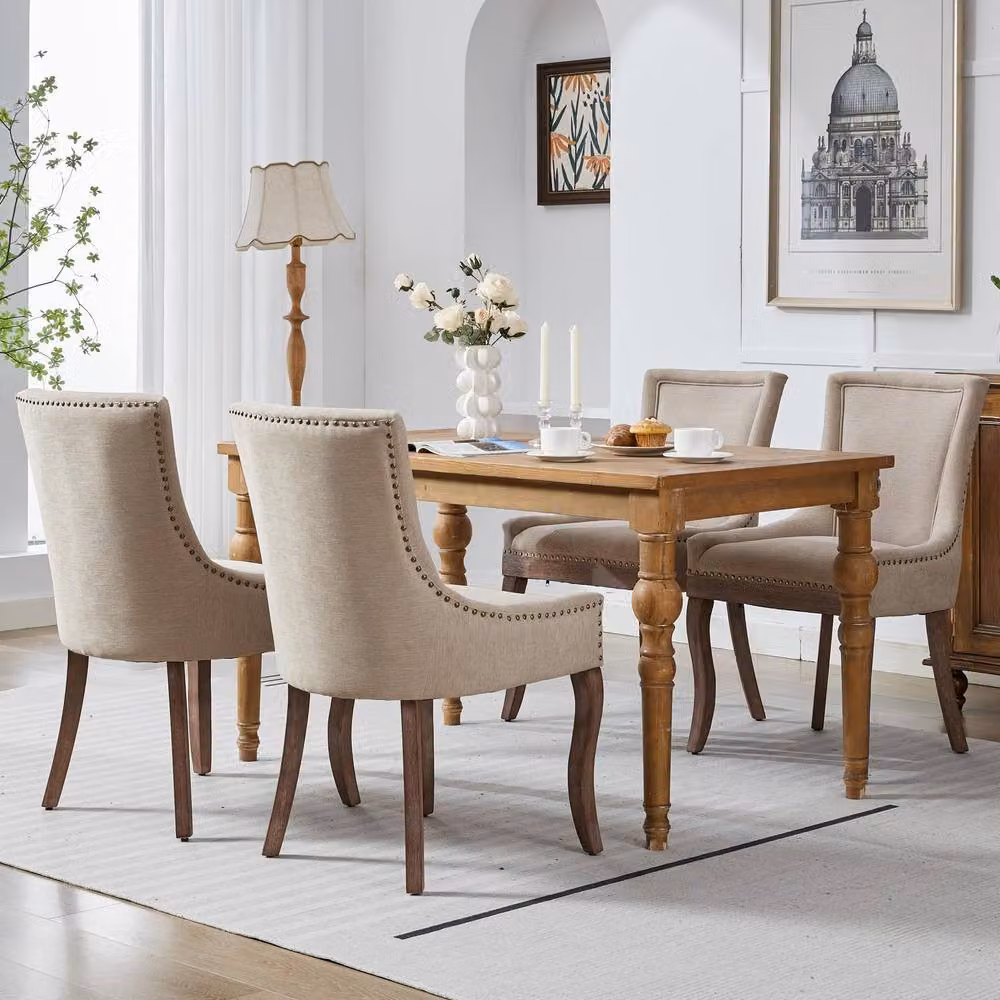 HomeTouch Set of 6 Bewley Plush Linen Upholstered Dining Chairs in Beige with Oak Wood Legs – 2