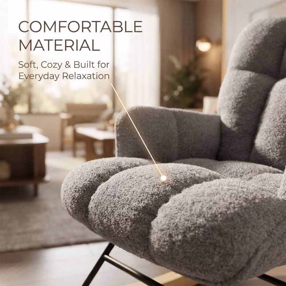 Alivio Grey Bouclé Teddy Rocking Chair with High Backrest and Armrests – 4