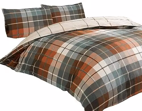 Rapport Home Lomond Check Brushed Cotton Flannelette Duvet Set and Pillowcase, Terracotta Multicolour, W/D/H: 135 x 200 cm and 50 x 75 cm
