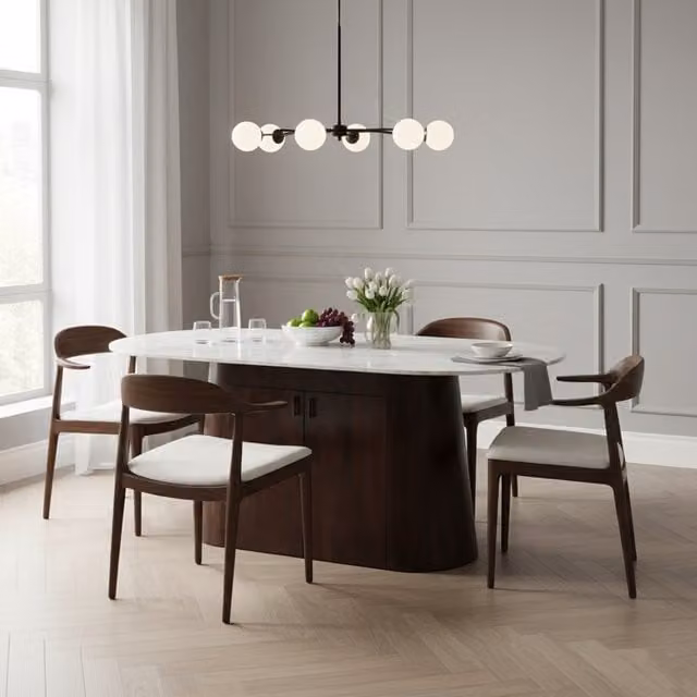 Luxor Living Oval White Marble Dining Table with Mango Wood Base, 6 to 8 Seater, Beige/White