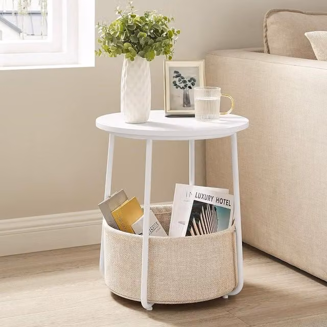VASAGLE Modern Round End Table with Fabric Basket in White – 1