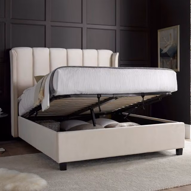 Bedmaster Aurora Art Deco Ottoman Bed in Beige Velvet Fabric