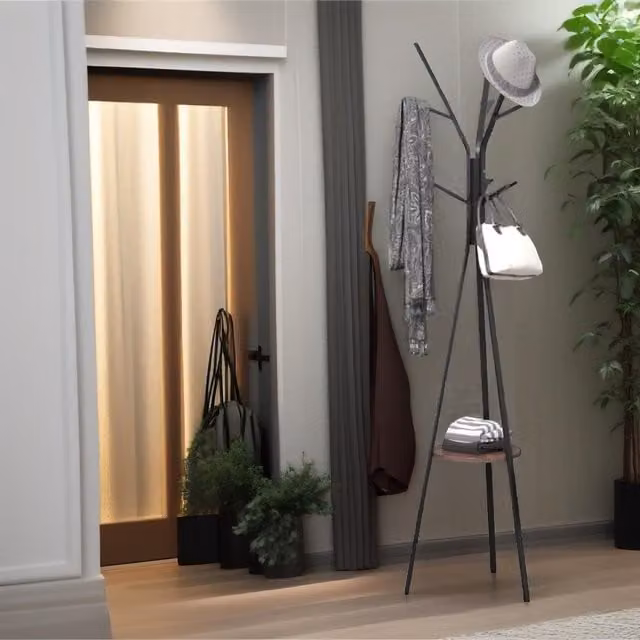 Pirlo Plush Industrial Coat Rack Stand with 9 Hooks, Rustic Brown and Black, H 180 x W 45 x D 45 cm