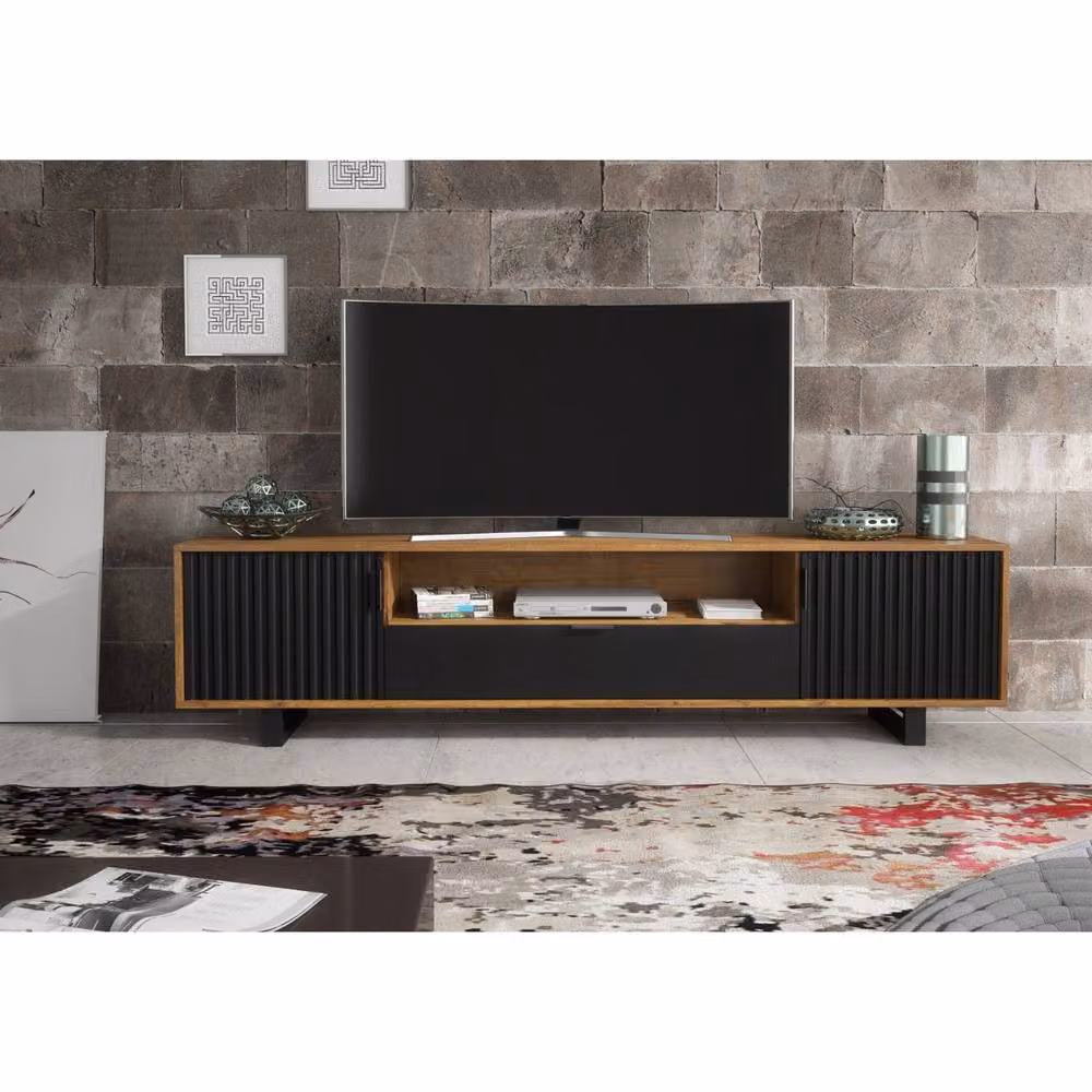 Mex Furniture LTD Blackridge TV Unit in Dark Oak and Black with Fluted Doors and Drawer, W: 200 cm, H: 45 cm, D: 35 cm – 4