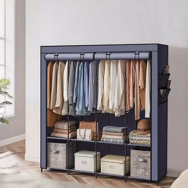 The Bazaarist Portable Clothes Closet with Hanging Rods and Internal Shelves, Blue