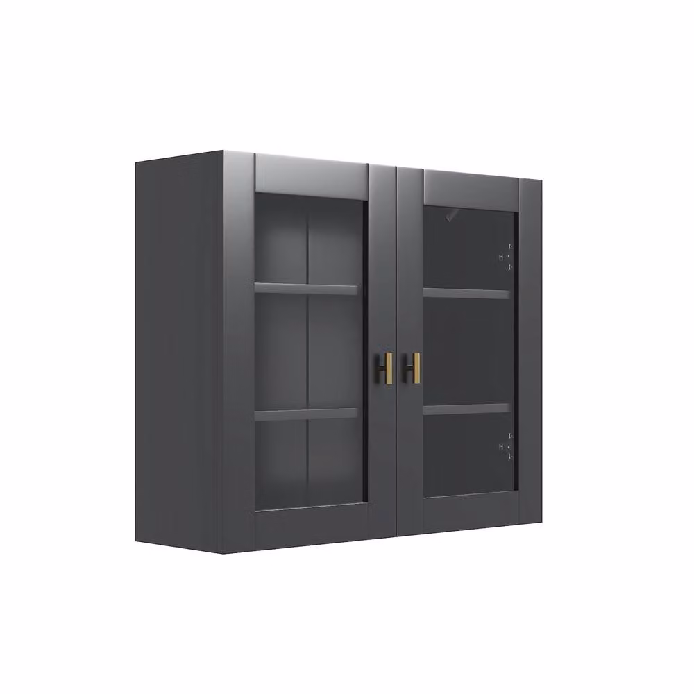 KEEPREAPER Modern Wall Mounted Kitchen Cabinet with 2 Glass Doors, Black and Gold, W/D/H: 70 x 23 x 60 cm – 7