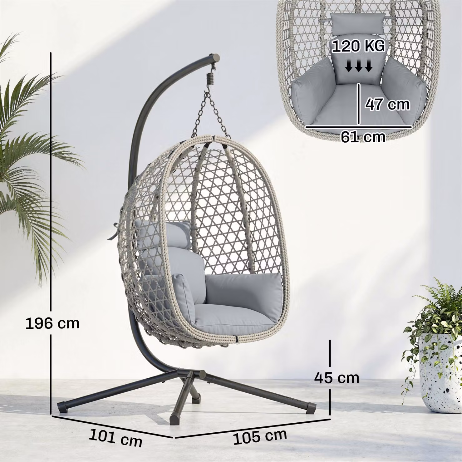 Outsunny Hanging Egg Chair with Stand, Light Grey Rattan Hammock Swing Chair with UV-Resistant Cushions for Indoor and Outdoor Use – 3