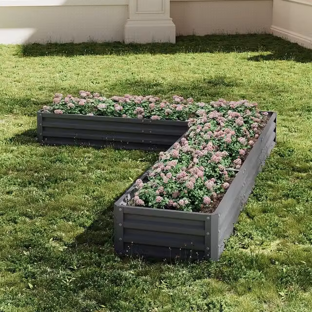 Lifeideas L-Shaped Metal Raised Flower Bed in Anthracite Grey, H: 30 cm, W: 277 cm, D: 207 cm
