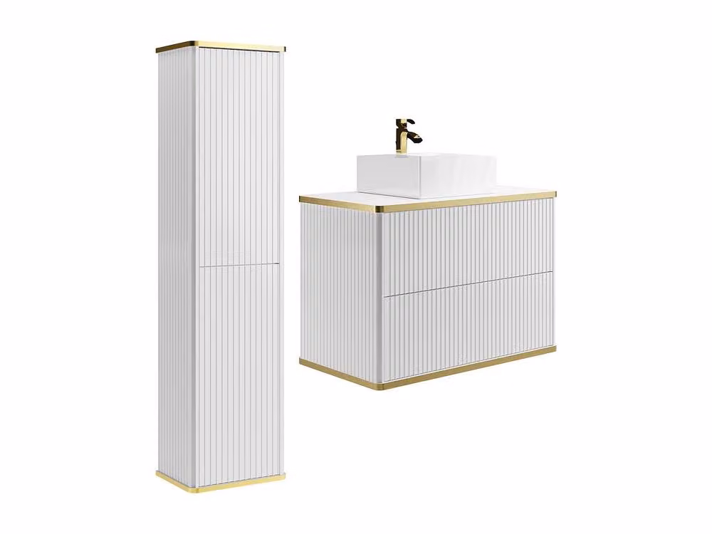 Vente-unique Striped Wall-Hung Bathroom Vanity Unit with Square Countertop Basin in White and Gold, W/D/H: 80 x 47 x 54 cm – 2