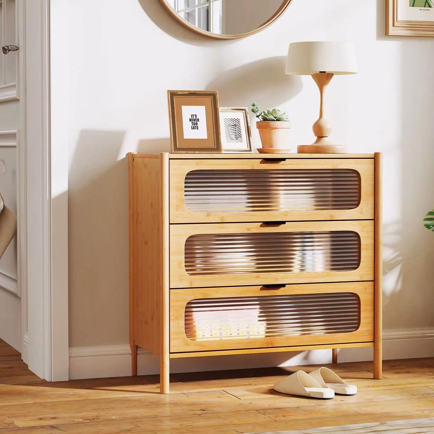 Costway Mid Century Modern 3-Drawer Dresser in Natural Brown with Soft Close Bamboo and Wood Construction – 2