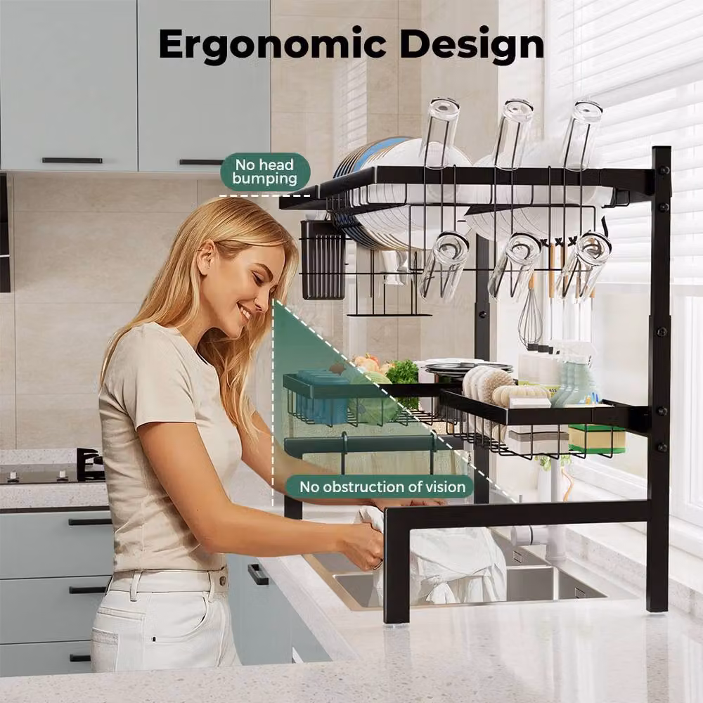 Levede 2-Tier Expandable Over the Sink Dish Drying Rack in Black with Cutlery and Cup Holders – 3