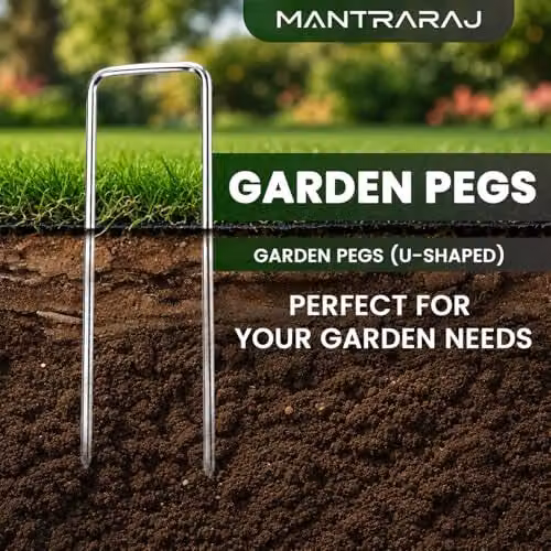 MantraRaj 100 Pack Silver Galvanised Steel U-Shaped Garden Pegs for Securing Weed Mat, Netting and Lawn – 3