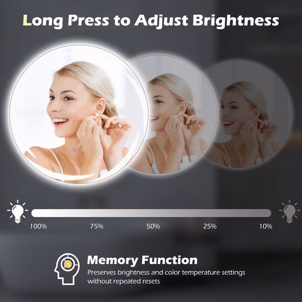 Costway Round LED Bathroom Mirror in White with Dimmable 3-Colour Touch Control – 2