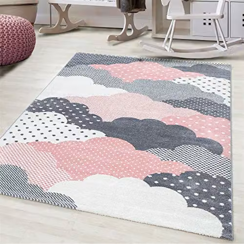 Bravich Pink Clouds Kids Rug, W: 80 cm, L: 150 cm, Soft Anti-Allergic Polypropylene Play Mat for Bedroom and Nursery