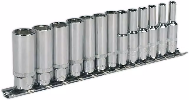 Loops 13 Piece Metric Deep Socket Set, 1/4 inch Square Drive, 6 Point WallDrive, Chrome Vanadium and Stainless Steel, Silver and Multicolour