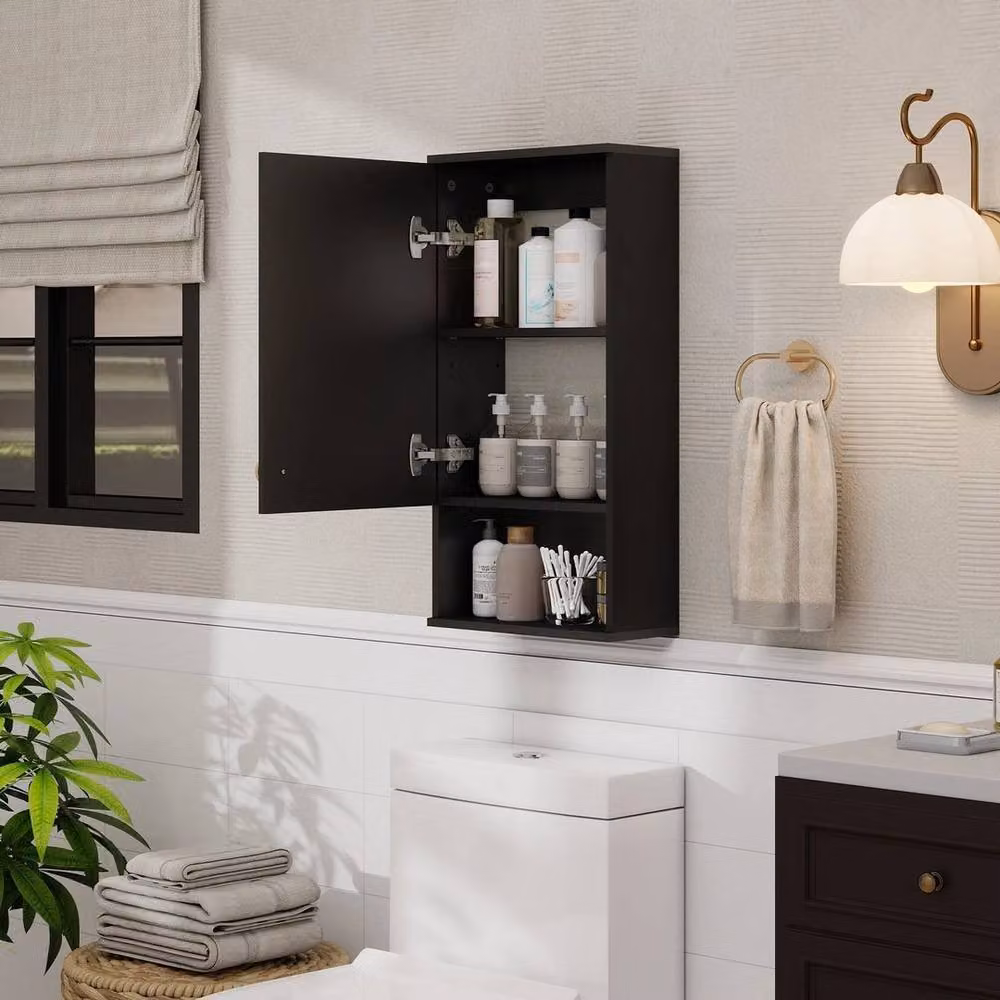 KORVIXA Modern Black Wooden Wall Mounted Bathroom Cabinet with Internal Shelves and Open Shelf, W: 60 cm, H: 60 cm, D: 60 cm – 4