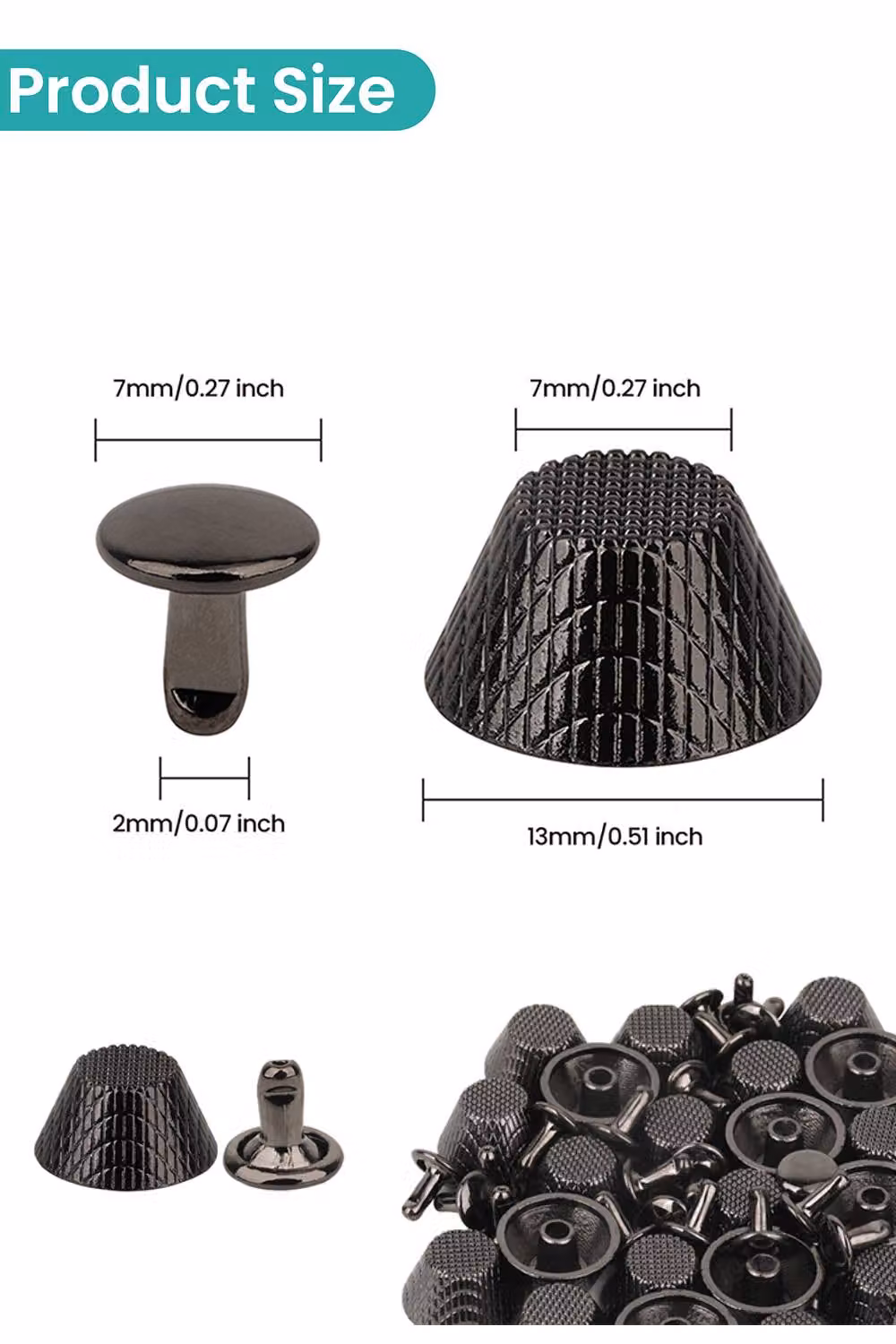 Neel Blue Etched Mushroom Bag Feet Rivets with 9mm Tubular Studs, Black, 25 Pieces – 2