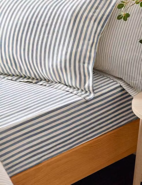 YARD Blue Striped Pure Cotton Breathable Fitted Sheet W/D/H: 140 x 200 cm