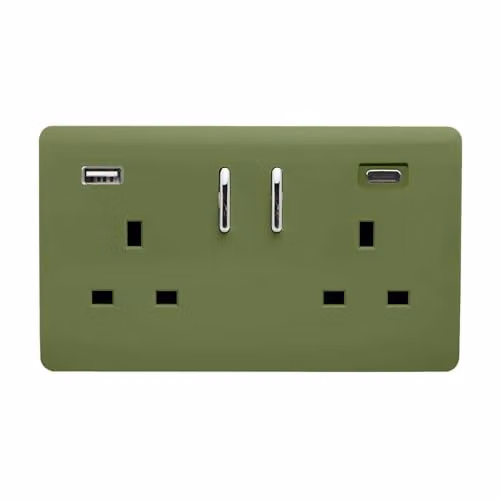 Trendi 2 Gang 13 Amp Flush Socket with 2 x Type A & C 3.1A USB Ports in Green – 1