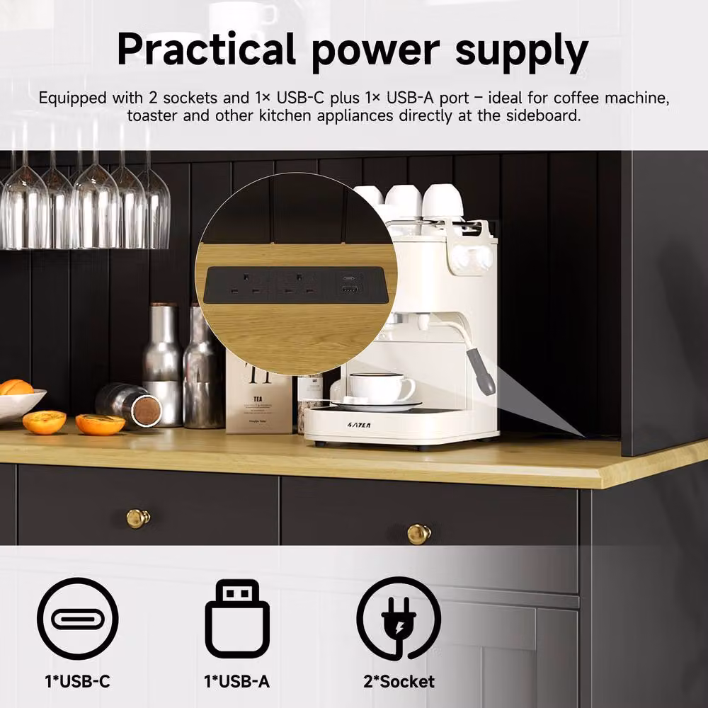 Rolipo Modern Black Kitchen Cabinet Sideboard with Power Outlets, H: 191 cm, W: 120 cm – 4