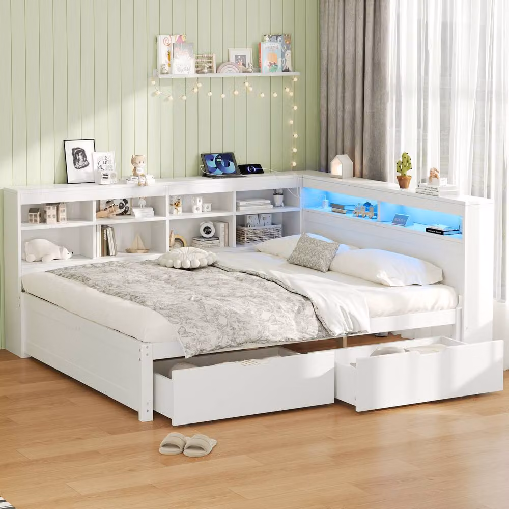 Merax Double Corner Bed Frame in White with 2 Drawers, LED Lighting and USB Charging Station, W/D/H: 135 x 190 cm – 2