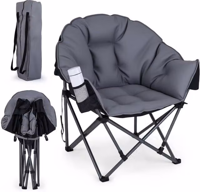 Costway Oversized Folding Camping Chair with Padded Seat and Cup Holder in Grey