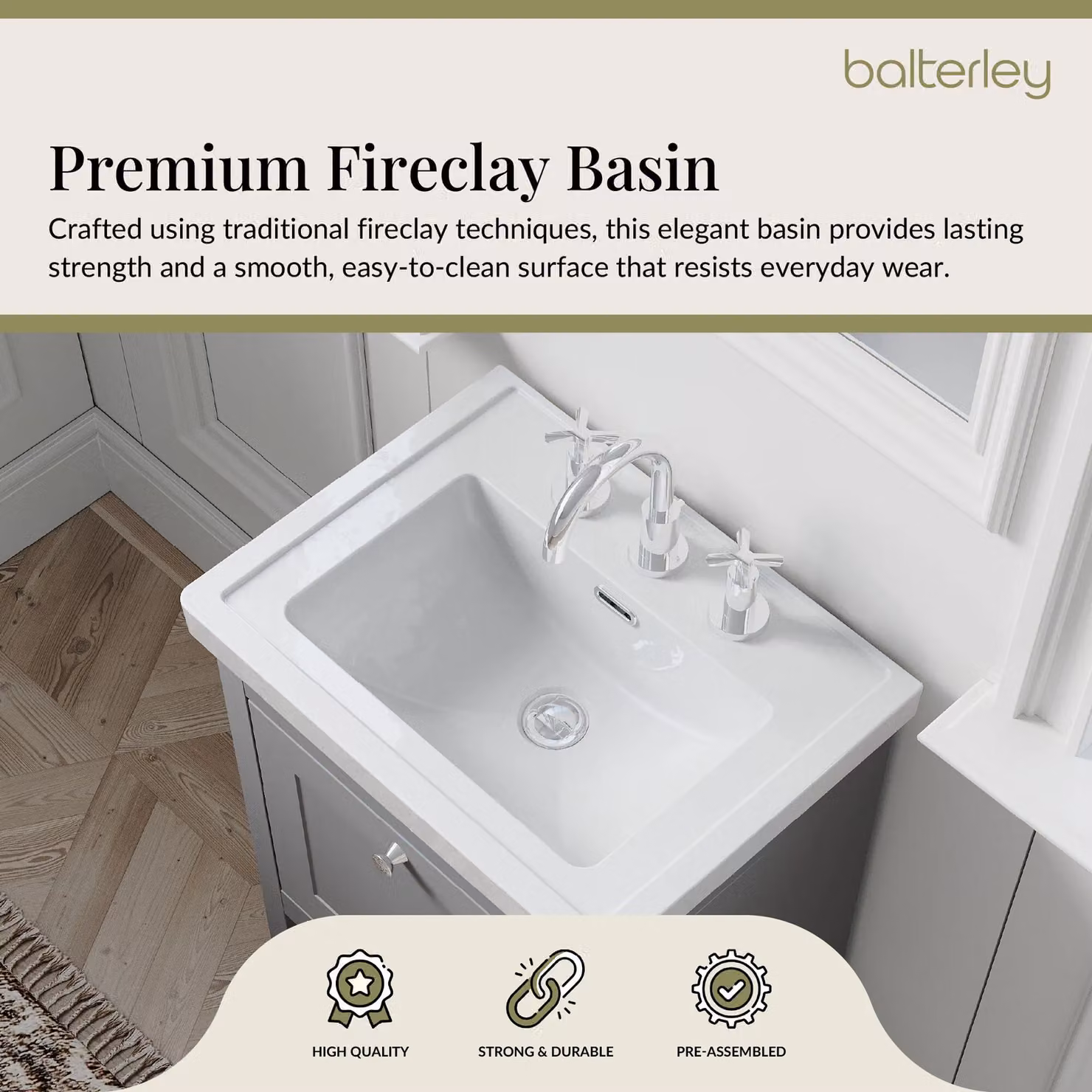 Balterley Straight Bathroom Floor Vanity with 1 Drawer and 3 Tap Hole Basin, Cool Grey – 3