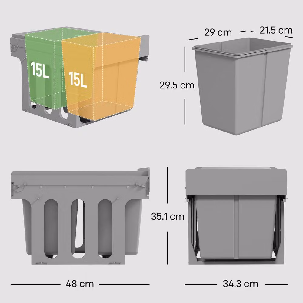 HOMCOM Soft Close Pull Out Under Sink Bin with 2 Removable Inner Buckets, 30L, Light Grey – 3