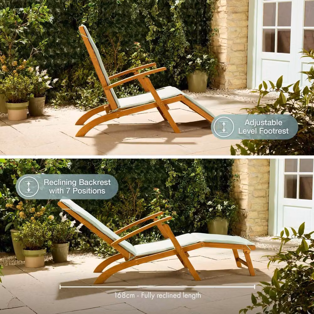 VonHaus Hudson Acacia Wood Folding Garden Sun Lounger with Weatherproof Cushion in Natural Brown – 3