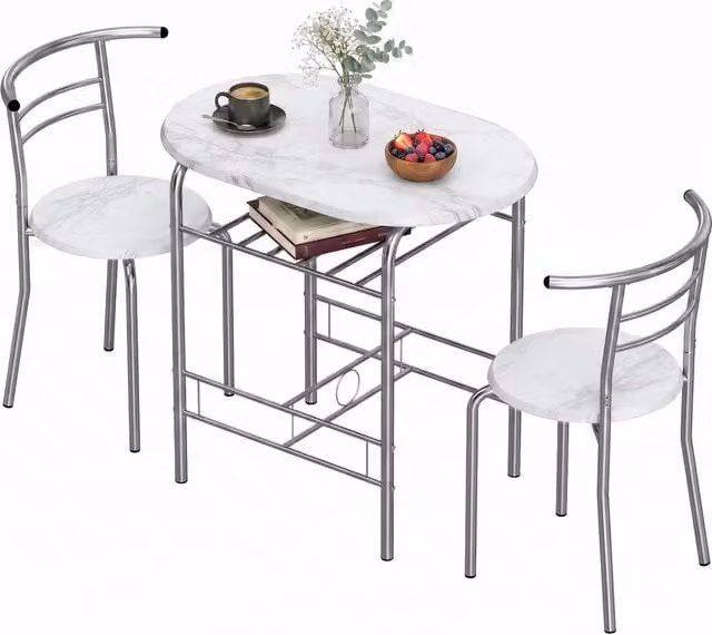 HOMCOM Modern Breakfast Bar Table and Stools Set with Storage Shelf in White