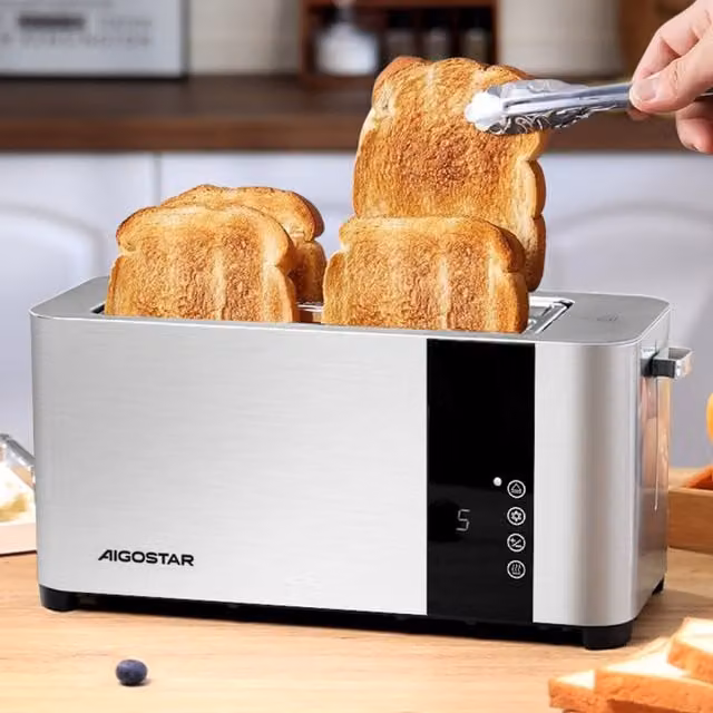 Aigostar Silver Stainless Steel 4 Slice Long Slot Toaster with Digital Display