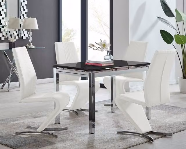 FurnitureboxUK Enna Black Glass Extending Dining Table and 4 White Willow Chairs