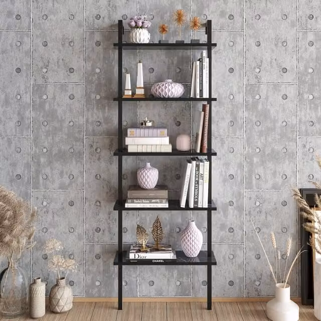 Decorotika Piante 5-Tier Modern Bookshelf in Black and Black Marble Effect