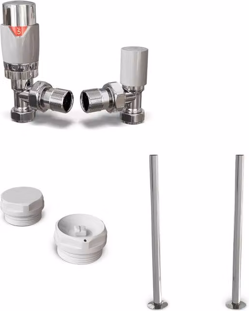 Talus Flair Thermostatic Radiator Valve and Installation Kit with Thermostat Head, Angle, White and Silver