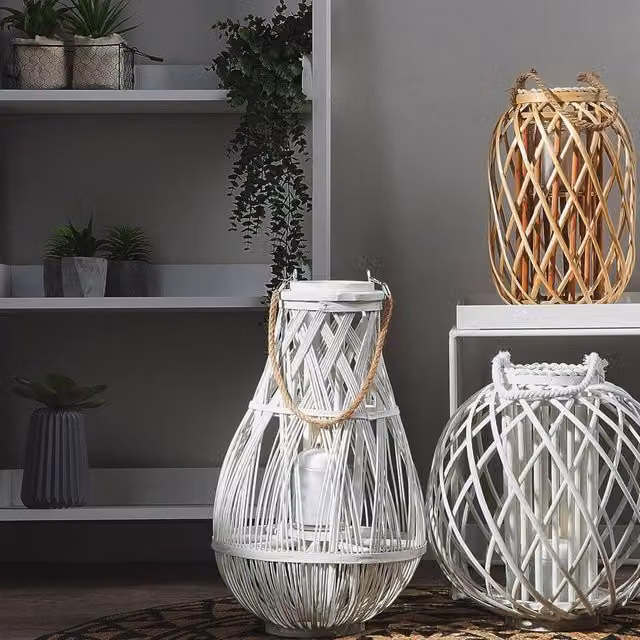 Wyld and Coco White Bamboo and Glass Lantern for Indoor and Covered Outdoor Use, Height: 75 cm – 1