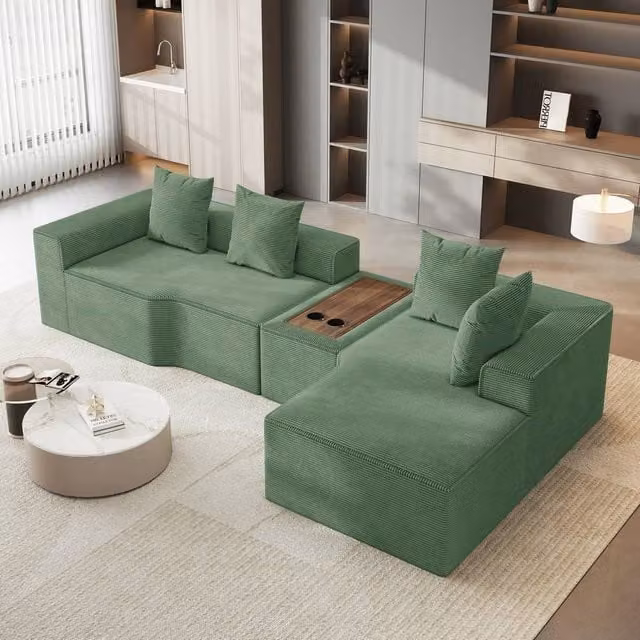 Dprodo Green Corduroy Right L-Shaped Modular Sofa with Cup Holder Table and Scatter Cushions, Width: 320 cm
