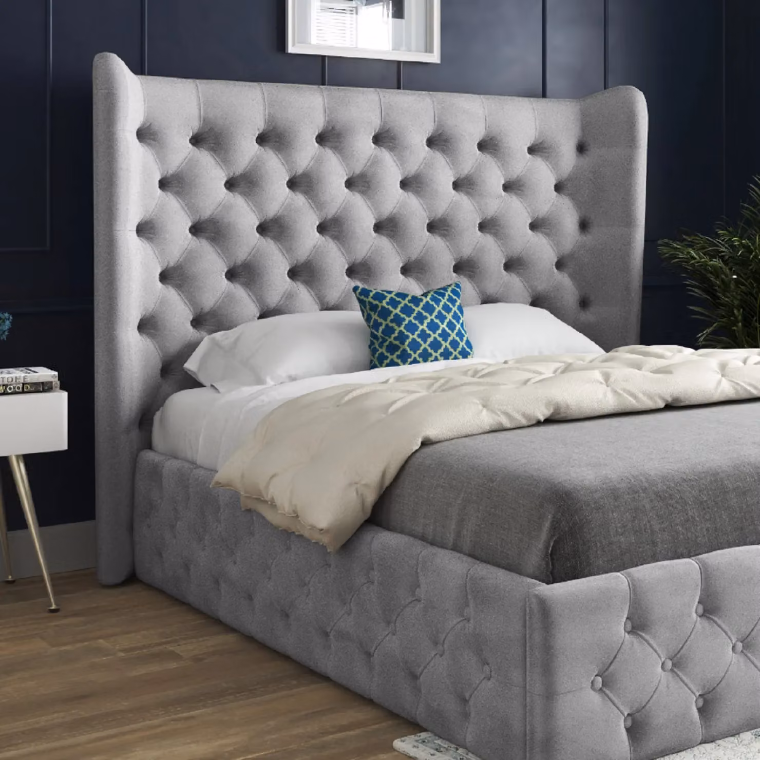 Casani Florence Upholstered Velvet Bed Frame in Grey, W/D/H: 137 x 120 x 159 cm – 2