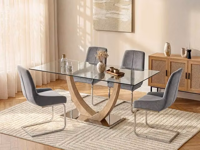 Vente-unique Modern Rectangular 6-Seater Dining Table in Transparent Tempered Glass and MDF with Stainless Steel, W: 180 cm, D: 90 cm, H: 75 cm