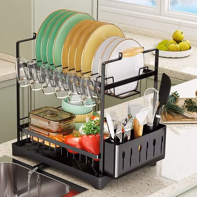 Livingandhome 2-Tier Black Coated Steel Dish Drying Rack with Cutlery Holder