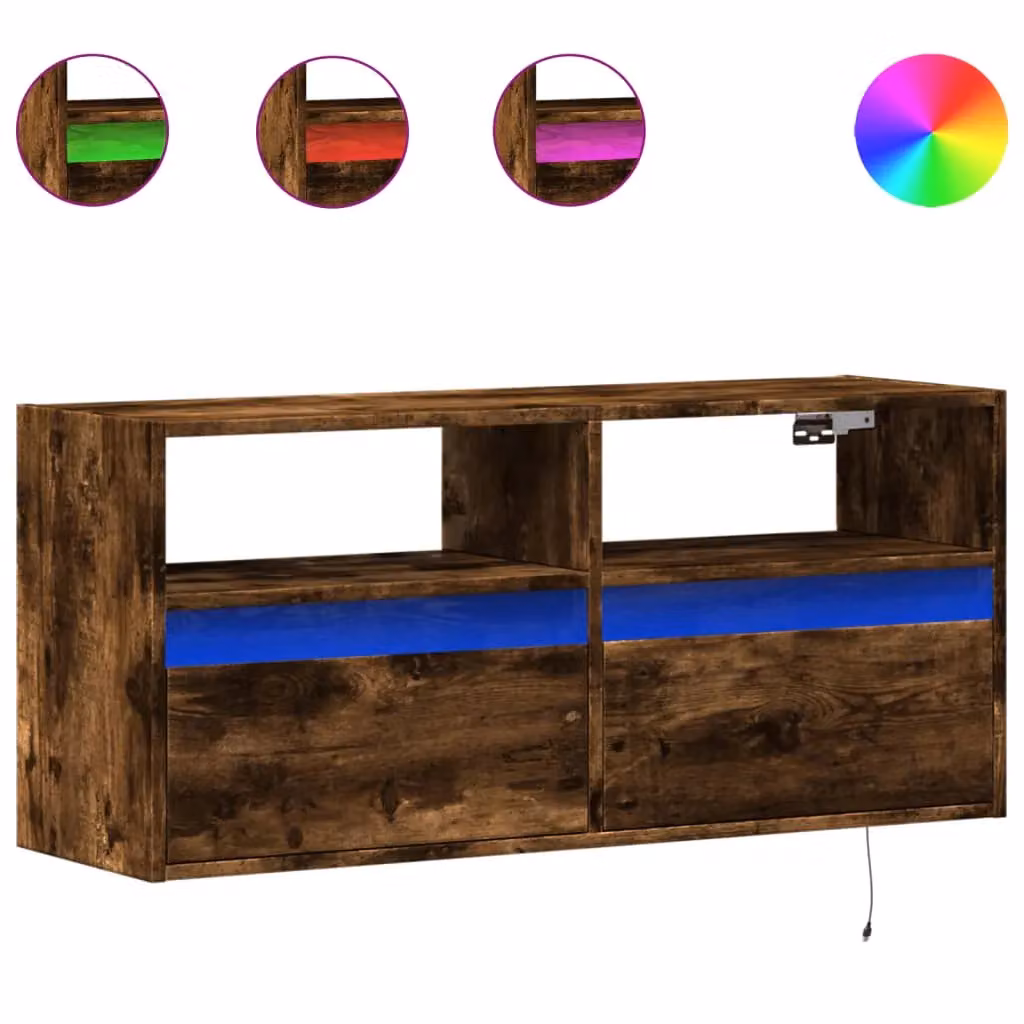 Berkfield Home TV Wall Cabinet with LED Lights in Smoked Oak Brown, W/D/H: 100 x 31 x 45 cm – 2
