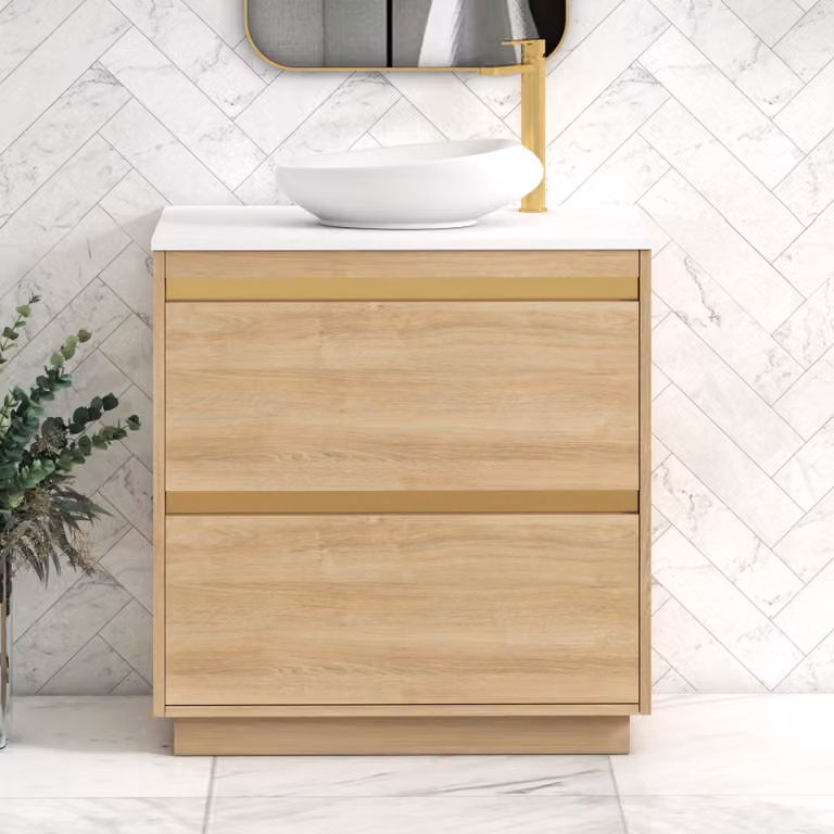 Royal Bathrooms Orion 800mm Natural Oak Floor Standing 2 Drawer Vanity Unit with Nova Basin and Brushed Brass Accent Trim in Plain White