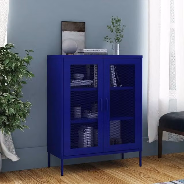 Berkfield Home Navy Blue Steel Storage Cabinet with Glass Doors, W/D/H: 80 x 35 x 101.5 cm – 1