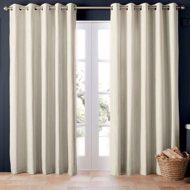 Emily Bond Oscar Stripe Made to Measure Blackout Linen and Cotton Eyelet Curtain Panel in Beige