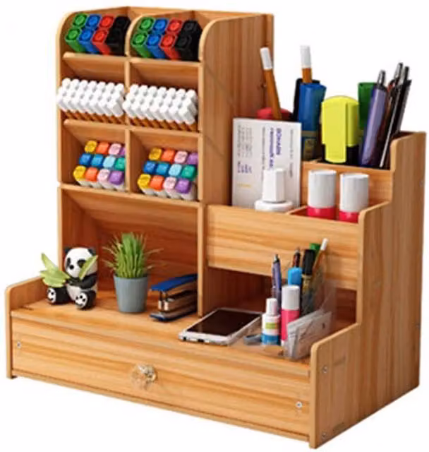 VOGREX Desktop Organiser Pen Holder and Tabletop Storage Box with Drawer in Brown Wood