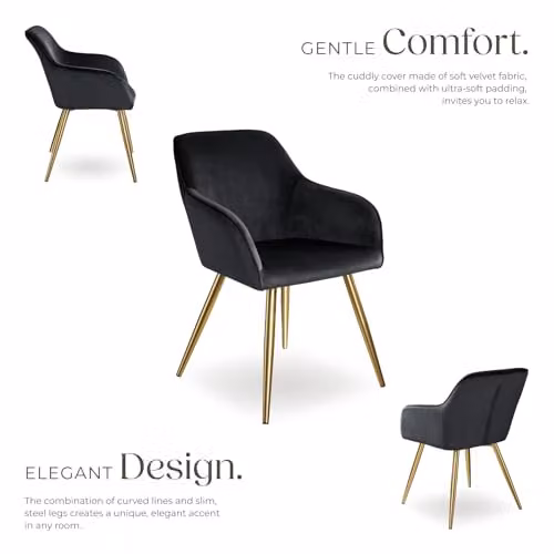 tectake Dining Chair in Black Velvet with Gold Steel Legs and Armrests – 5