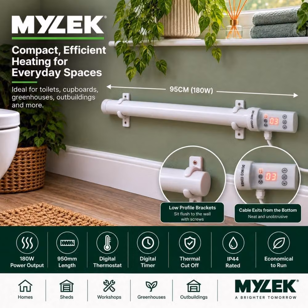 MYLEK 180W White Wall Mounted Infrared Tubular Heater with Digital Timer and Frost Protection – 9